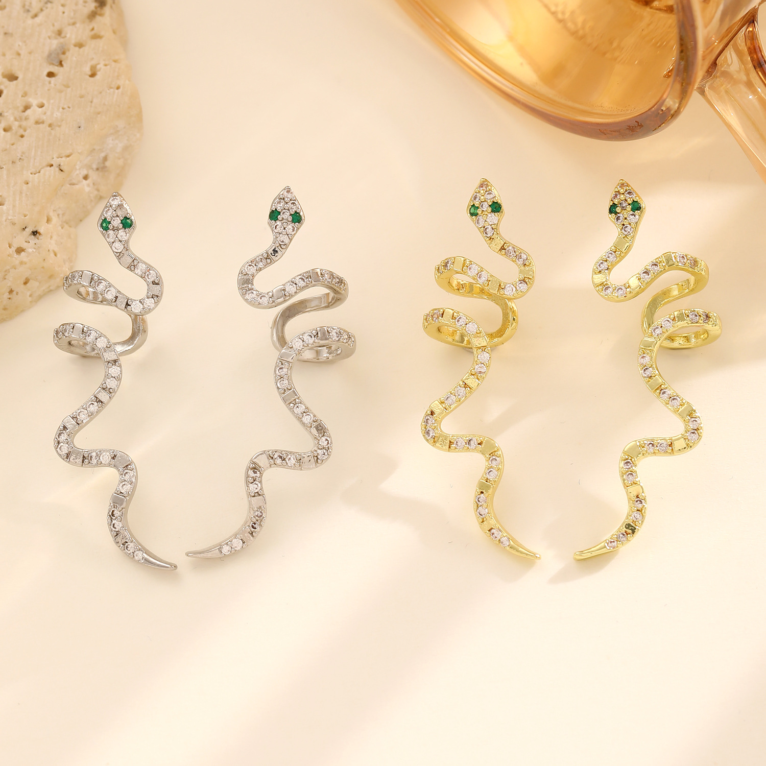 Snake Ear Bone Clip Gold Plated Zirconia Earrings