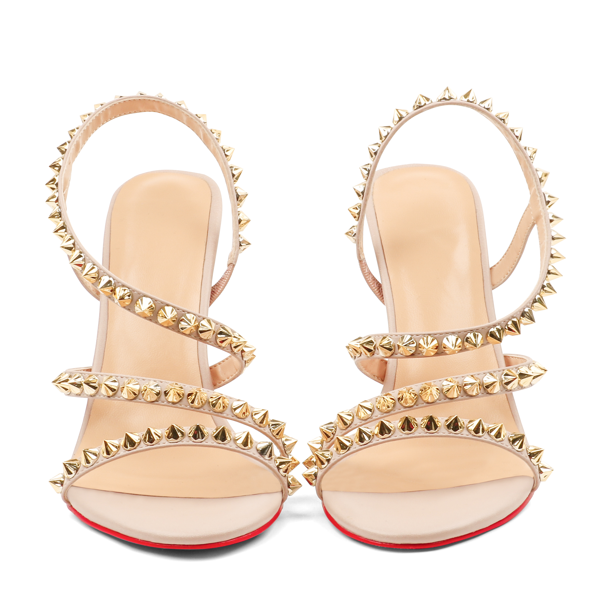 3.94'' Women Slingback Open Toe Rivets Sandals Ankle Buckle High Heel Summer Red Bottoms Nude Shoes-MERUMOTE