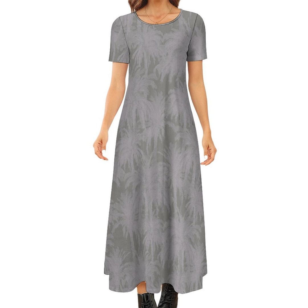 Grey Treetops Pattern Ted Baker Summer Maxi Dresses Casual Short Sleeve Loose Plus Size Dress