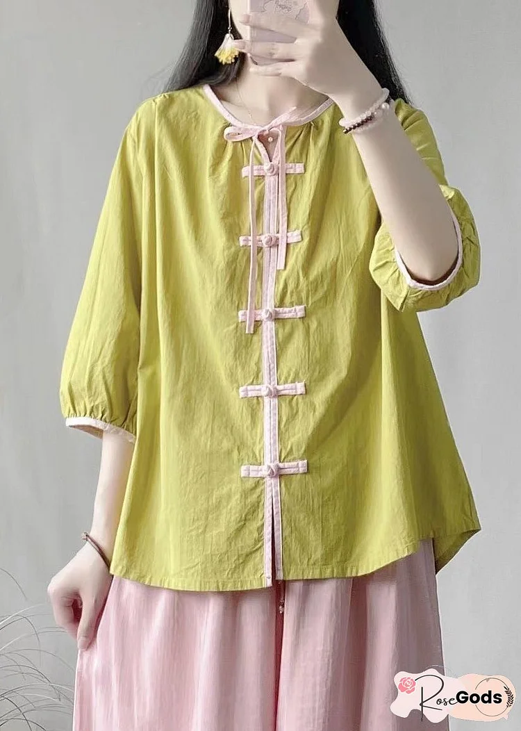 Vintage Green Lace Up Chinese Button Cotton Shirt Bracelet Sleeve