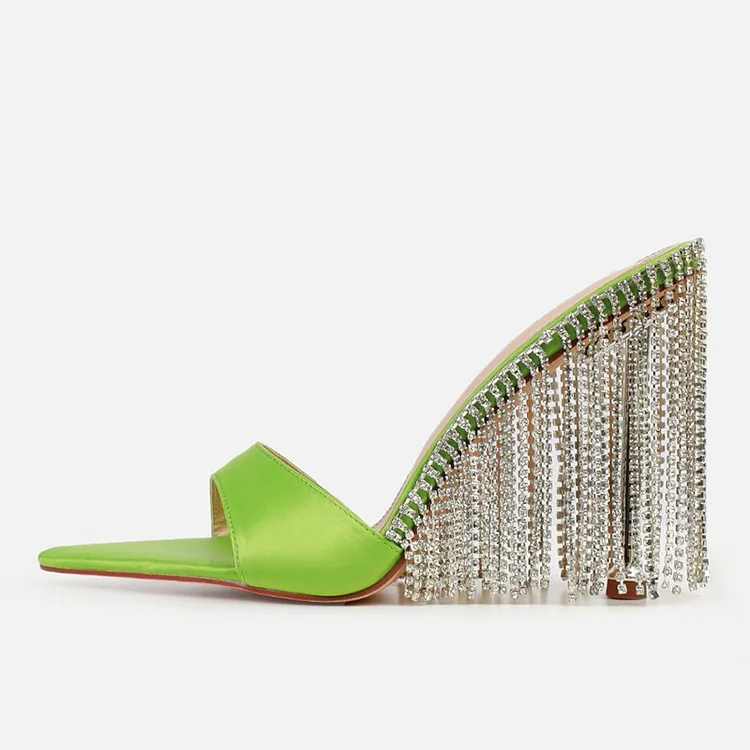 Green Pointed Sandal Heels Elegant Rhinestone Tassel Shoes Satin Mules |FSJ Shoes
