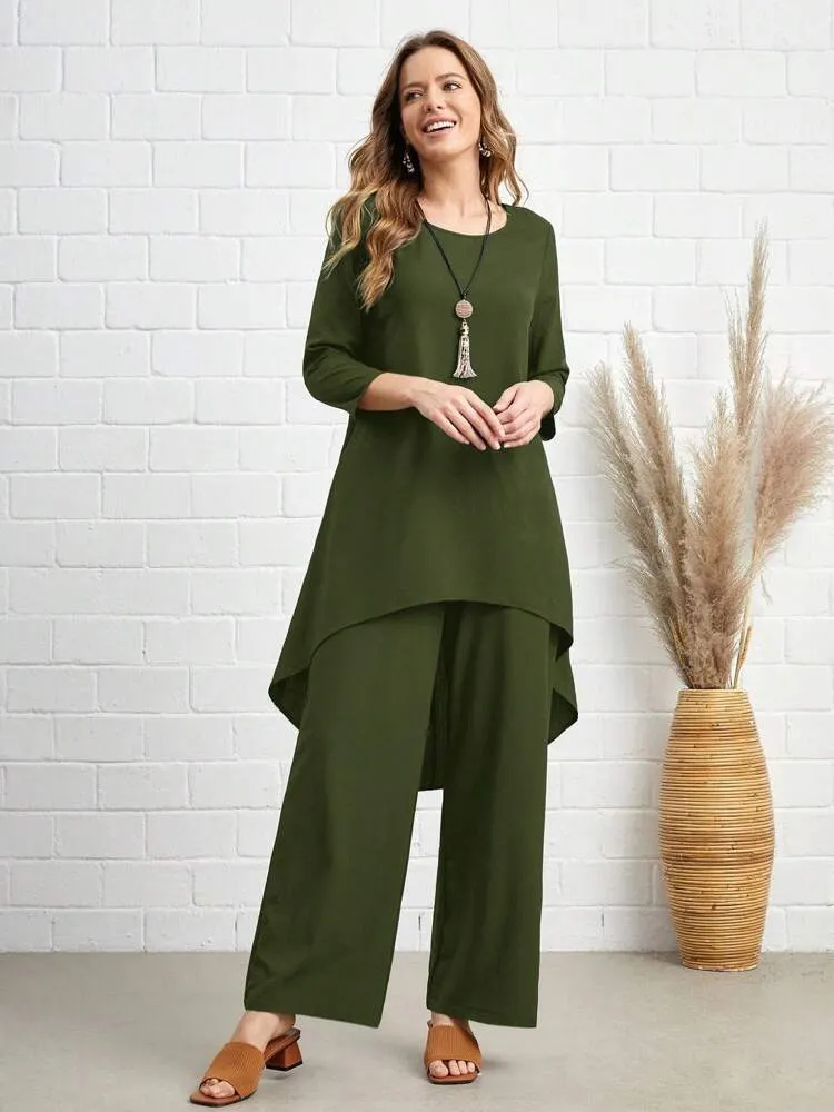 2pcs Plus Size Vacation Casual Solid Asymmetric Hem Long Sleeve Top And Pants Set