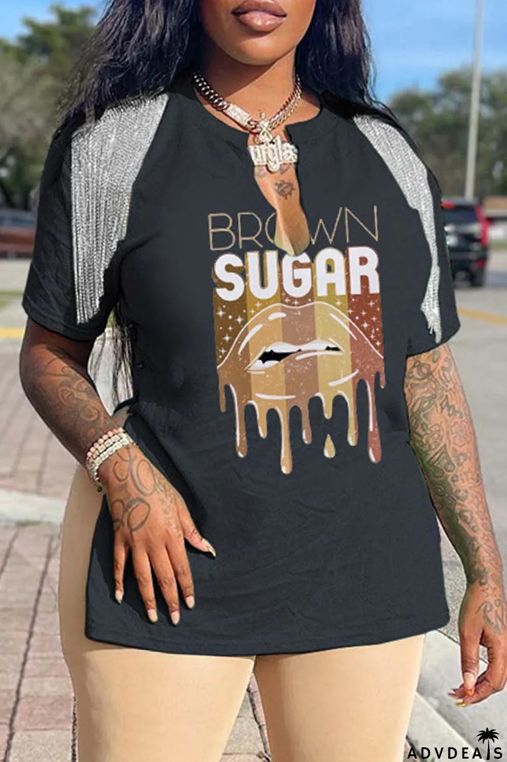 Grey Casual Print Tassel Patchwork V Neck T-Shirts