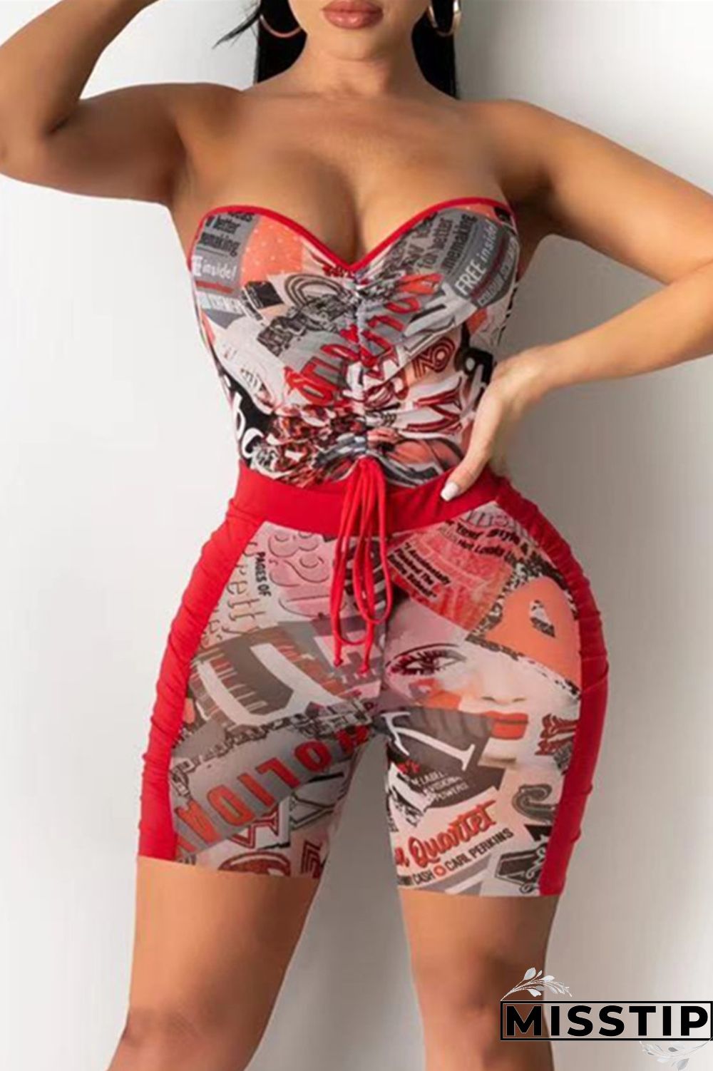 Pink Fashion Sexy Print Backless Strapless Sleeveless Two Pieces