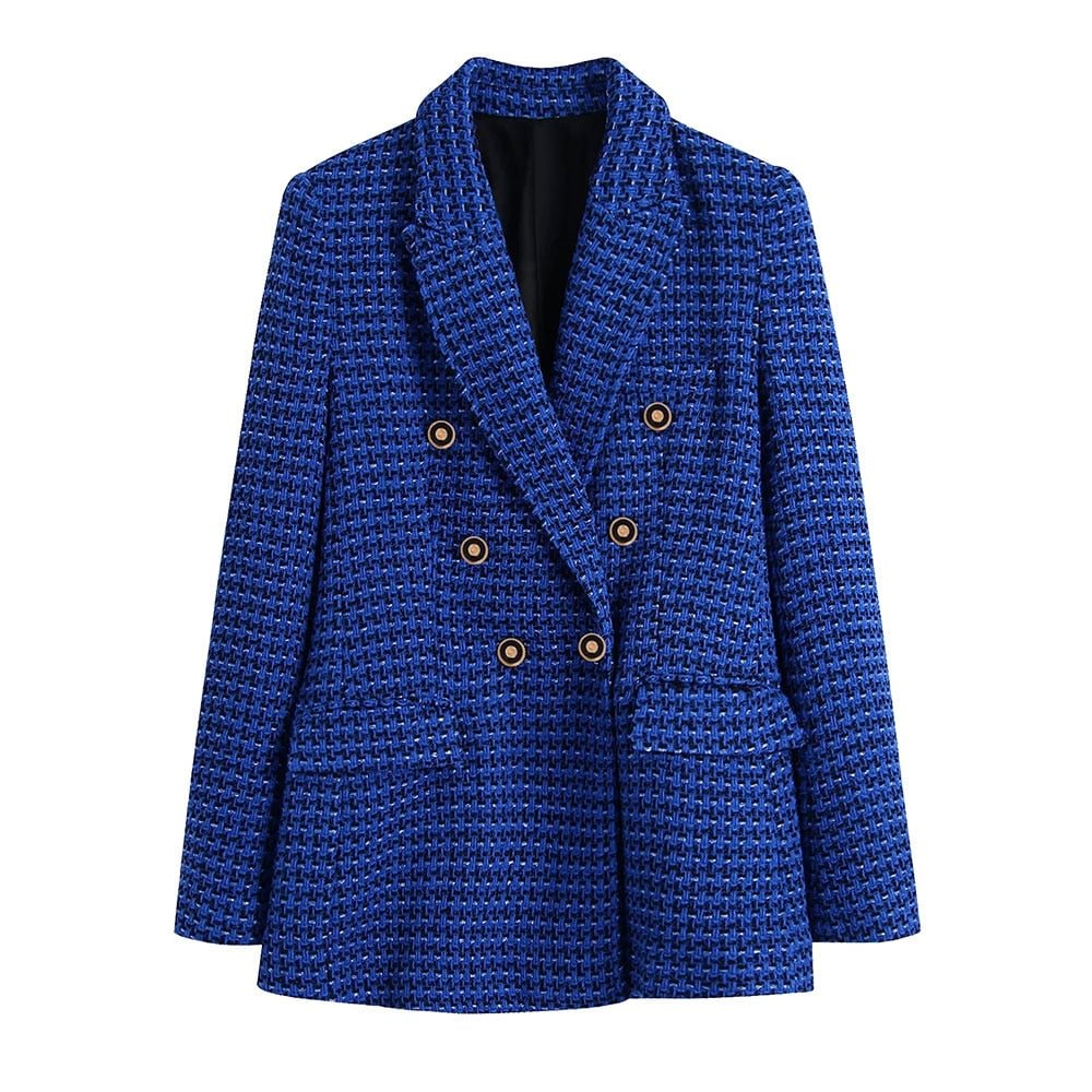 TRAF Women Fashion Tweed Double Breasted Blazer Coat Vintage Long Sleeve Flap Pockets Female Outerwear Chic Veste Femme