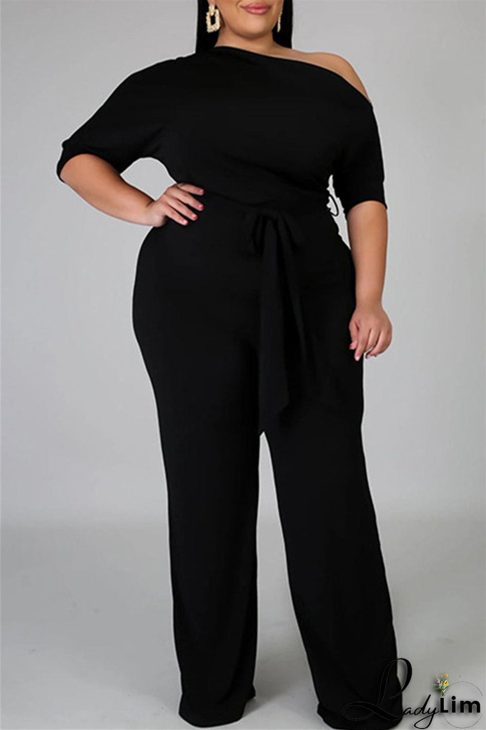 Red Fashion Casual Solid Basic Oblique Collar Plus Size Jumpsuits