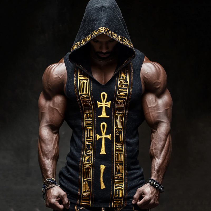 Men's Vintage Egyptian Embroidered Hooded Linen Tank