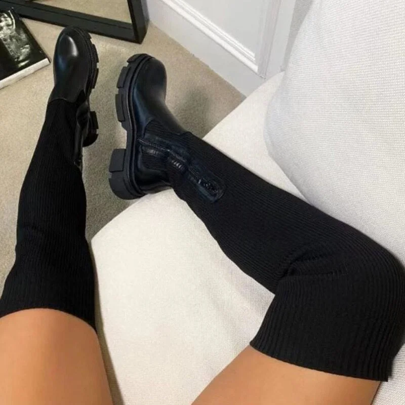 Lucyever 2021 Autumn Platform Over The Knee Boots Women Patchwork Knitting Thick Bottom Long Boots Woman Black Beige Booties