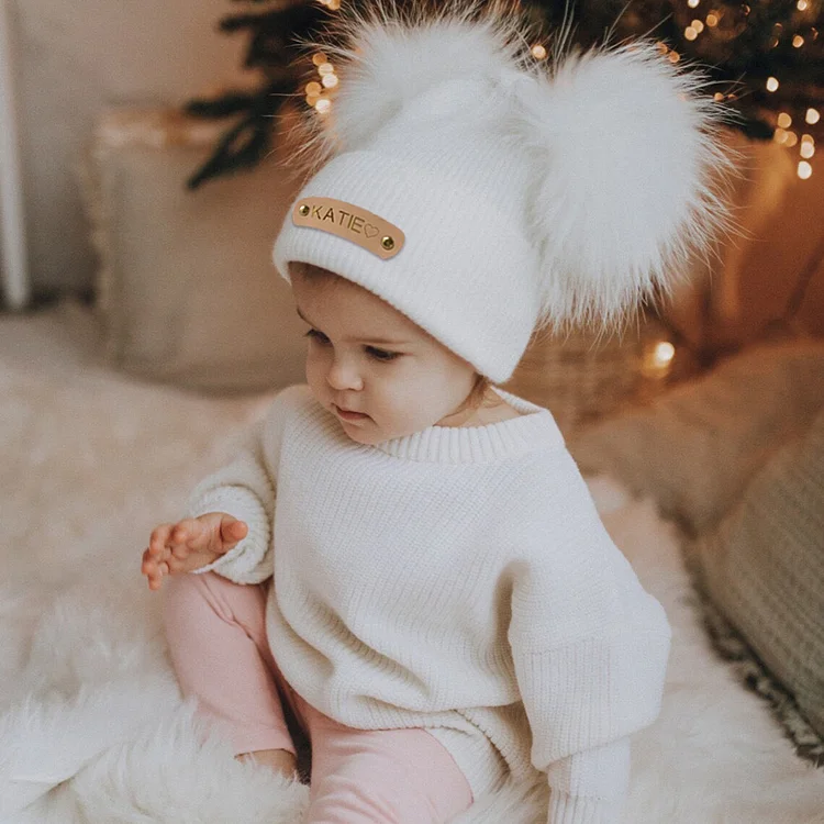 Custom Knit Beanie, Warm Leather Name Patch Personalized Winter Hat for Toddlers & Adults