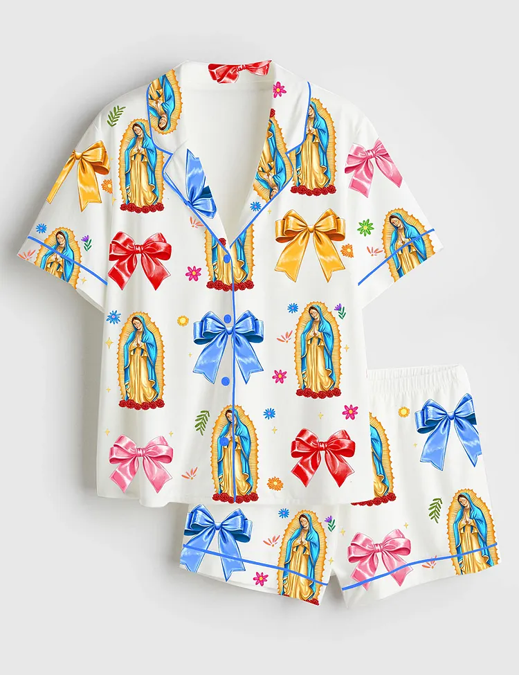 Women&rsquo;s Our Lady Of Guadalupe Religious Latina Catholic Guadalupe Coquette Bow Short Sleeve Satin Pajama Set