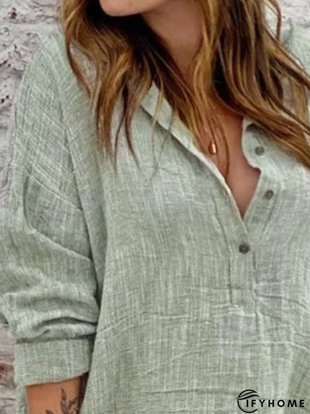 Plain Casual Linen Shirt Collar Tunic Blouse | IFYHOME