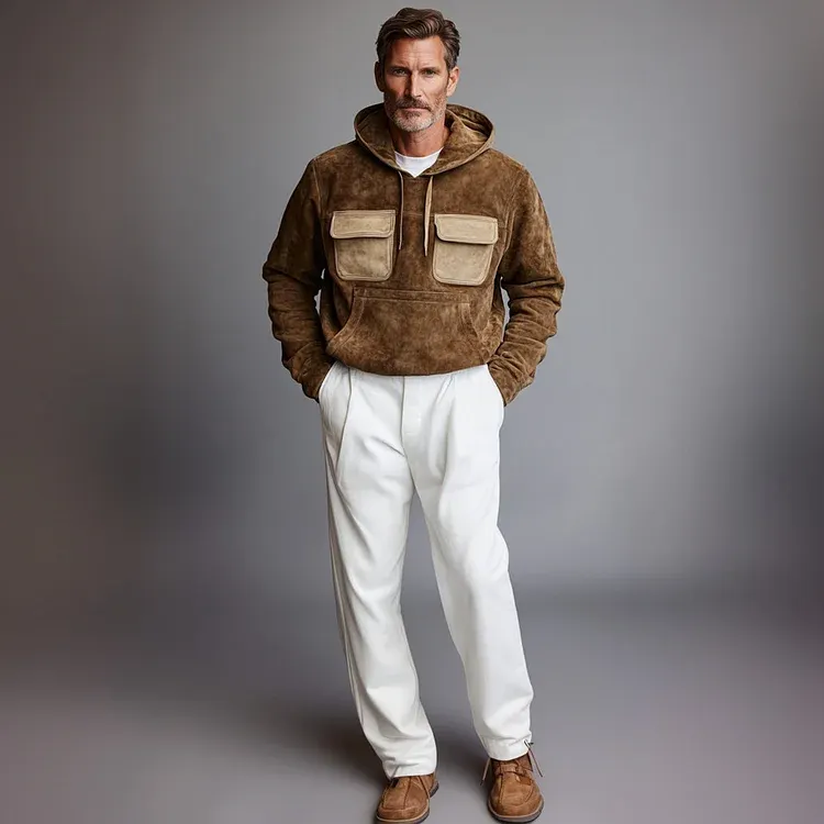 Men's Suede Patchwork Work Hoodie-INSPIREUSE