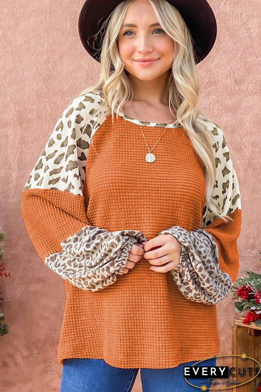 Orange Leopard Colorblock Waffle Knit Top
