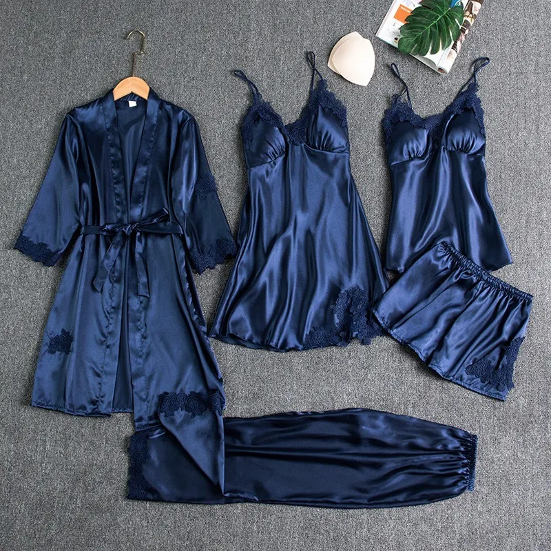 Churchf Pajamas Women Summer Ice Silk Sexy Hot Adult Spring And Autumn Long-Sleeved Thin Lady Night Robe Five-Piece Suit Multi-Colored