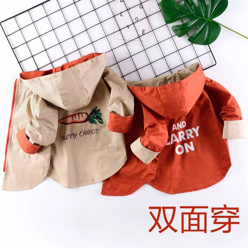 INS hot Baby boys Outdoor Jackets 2-11 year old Cartoon print radish spring and autumn jacket hooded boys trench reversible