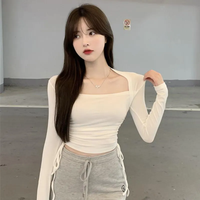 Brownm Brownm Square Collar Bottom Shirt Female Design Sense Niche 2023 Autumn Outfit With Long-Sleeved T-Shirt Slim Draw Rope Top Tide