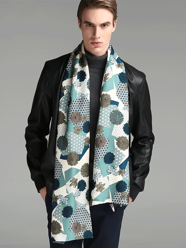 Echarpe en soie avec laine imprimé floral turquoise 1033161091 homme 30*180-Soie Plus