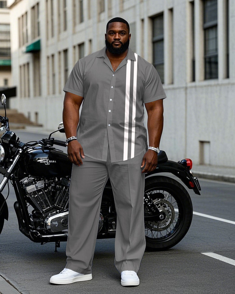Men's Plus Size Business Simple Grey & White Colorblock Short Sleeve Shirt Trousers Suit