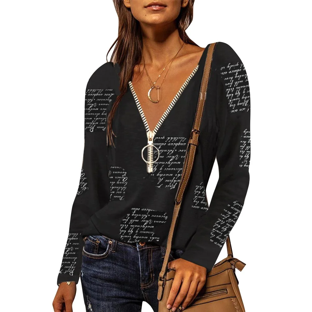 Sonicelife 2023 Spring Autumn V-neck Zipper T-shirt Letter Printing Long Sleeve Tops Women Casual Loose Tee Office Lady Elegant Tops D30