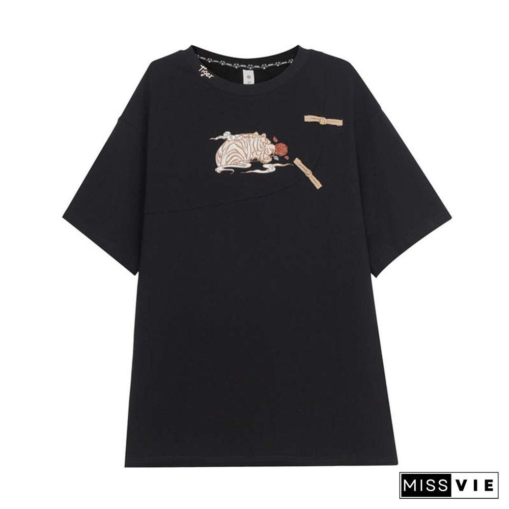 Vintage Embroidery Buckle Tasesel Vest Loose T-Shirt Dress