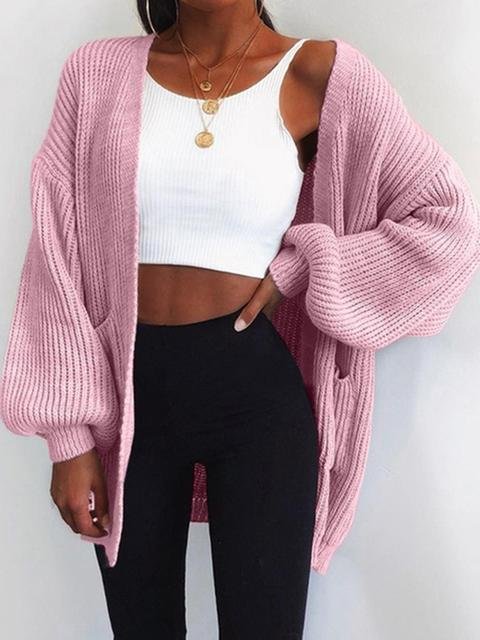 Solid Color Long-sleeve Knitted Sweater Cardigan-elleschic