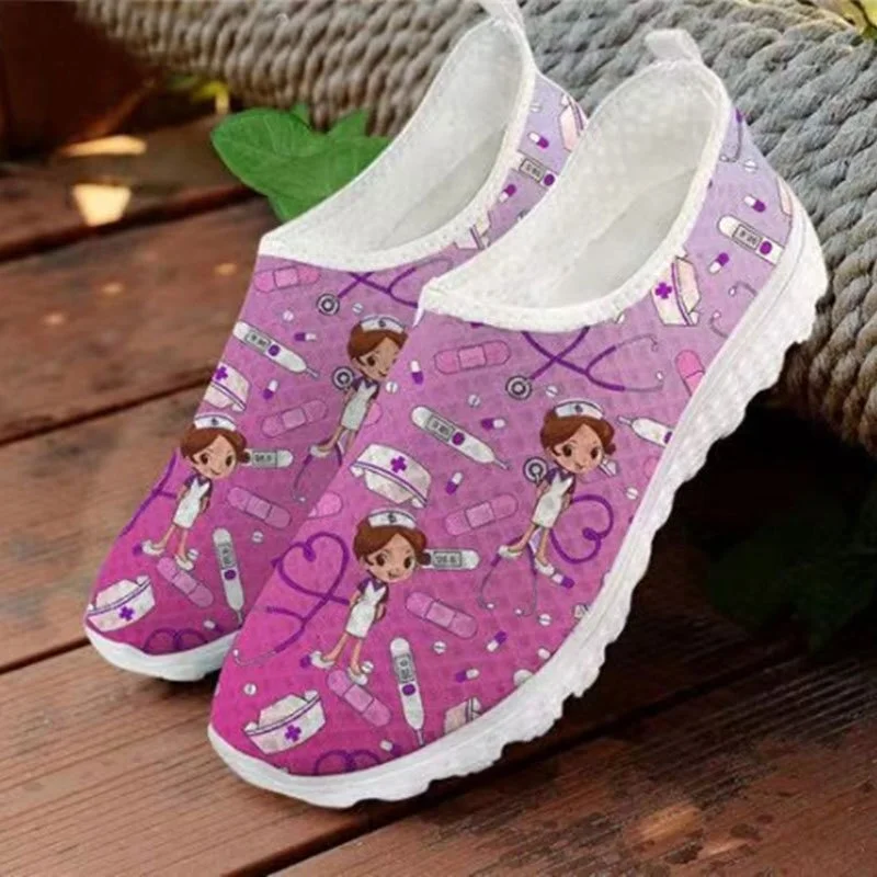 2021 Spring Nurse Flat Shoes Women Cute Cartoon Nurses Printed Women's Sneakers Shoes Breath Mesh Flats Zapatos de Mujer
