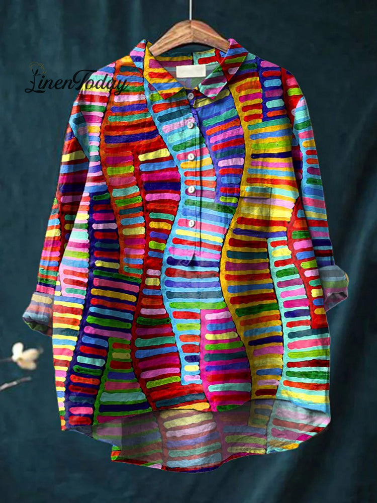 Colorful Tribe Style Pattern Printed Women’s Casual Cotton And Linen Shirt Multicolor / S