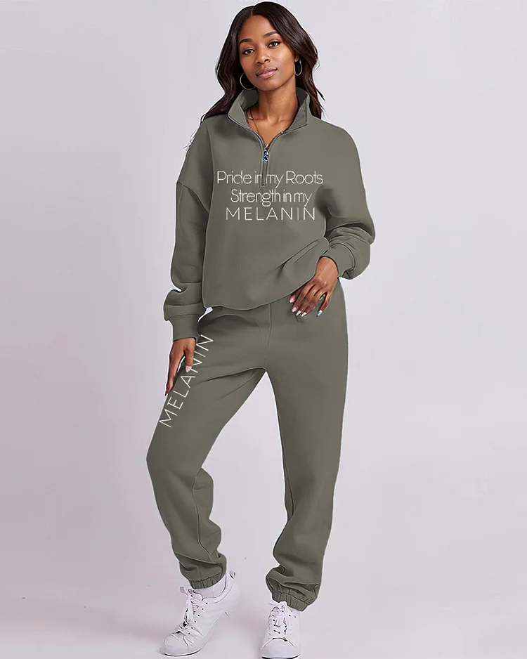 Melanin Turtleneck Zipper Long Sleeve Sweatshirt and Casual Pants Set