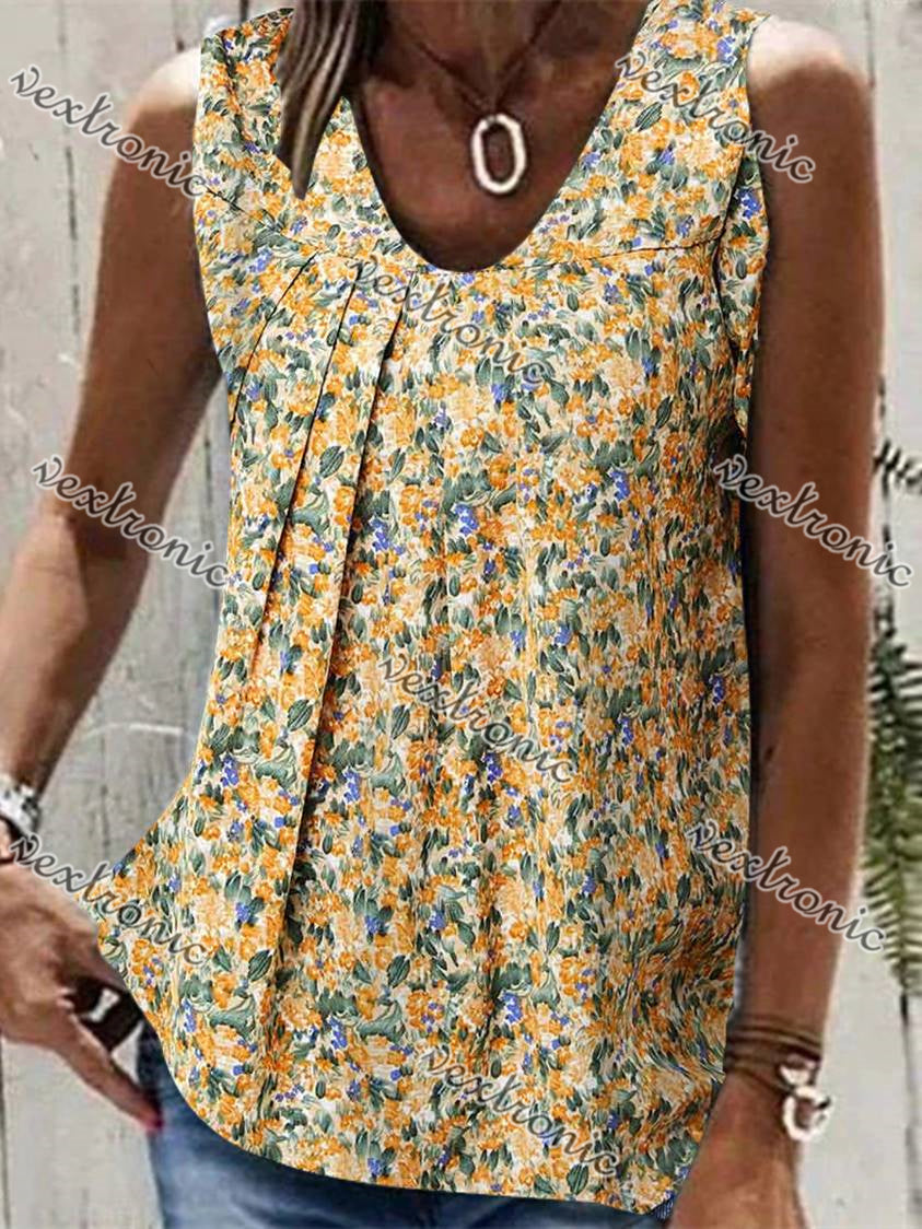 Women's Yellow V-neck Sleeveless Floral Printed Top