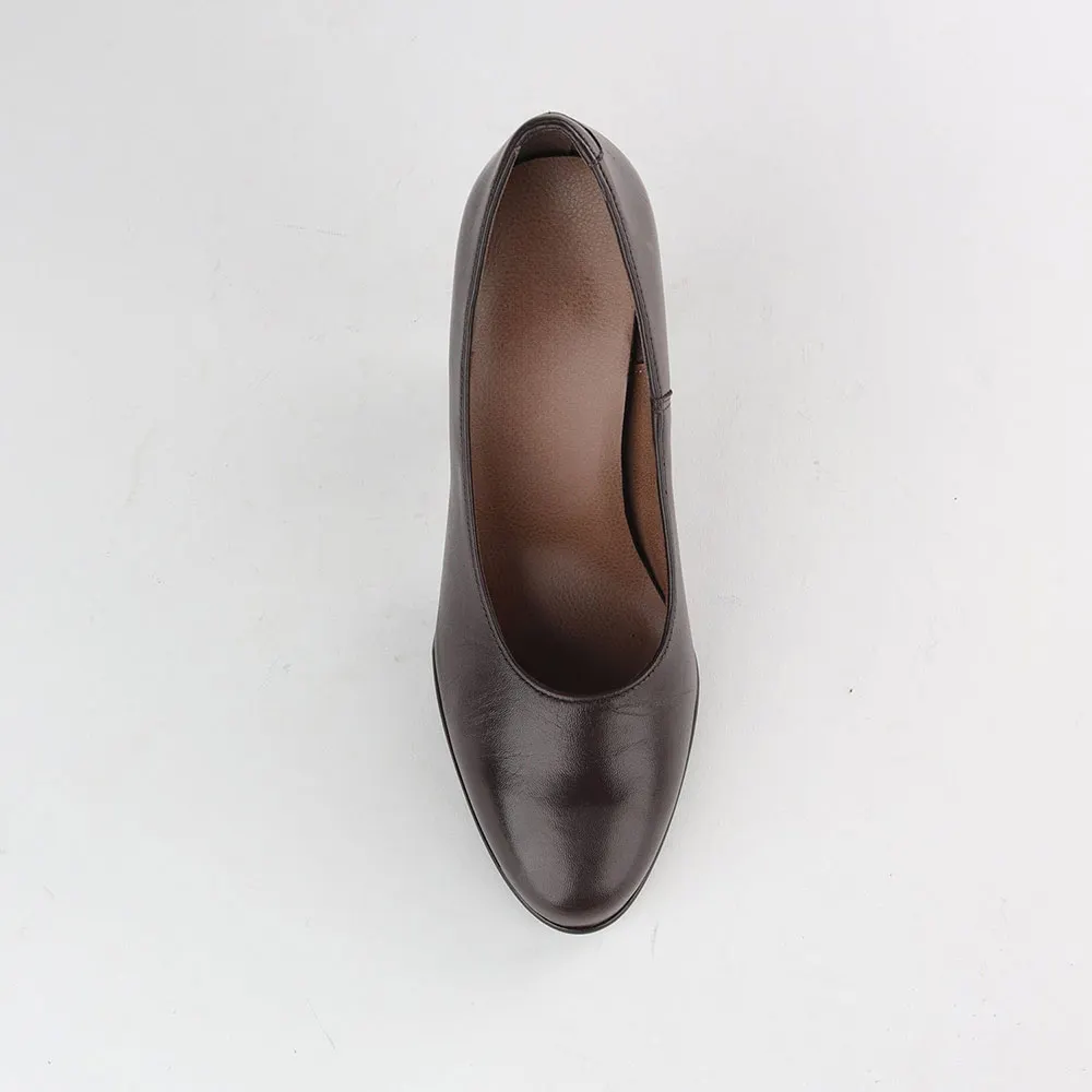 Brown Vegan Leather Round Toe Chunky Heel Slip-On Pumps for Women