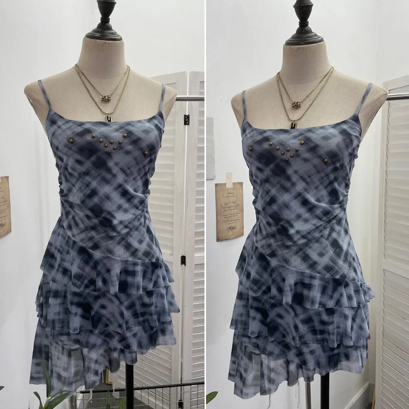 Nigikala Nigikala Shooting Mesh Yarn Irregular Rivet Vest Dress Women 2025 Summer Dress New Lotus Edge Sleeveless Top 1273