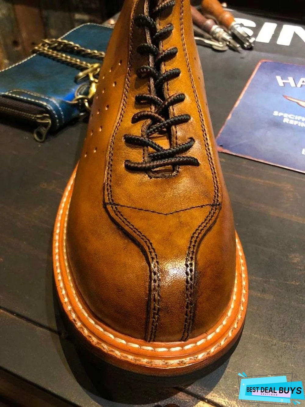 Vintage Genuine Leather Boots Full Grain Ankle Designer Shoes Men High Quality Fall Booties Short Brown Lace Up