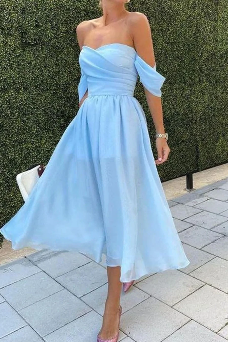 Miabel Baby Blue Short Evening Dress With Strapless Off-The-Shoulder