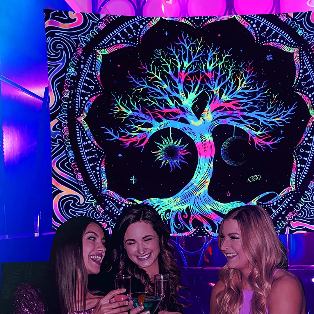 BlackLight Tree of Life Tapestry Sun Moon Stars Galaxy Colorful Hippie Psychedelic Bedroom Dorm Decor Aesthetic Wall Hanging