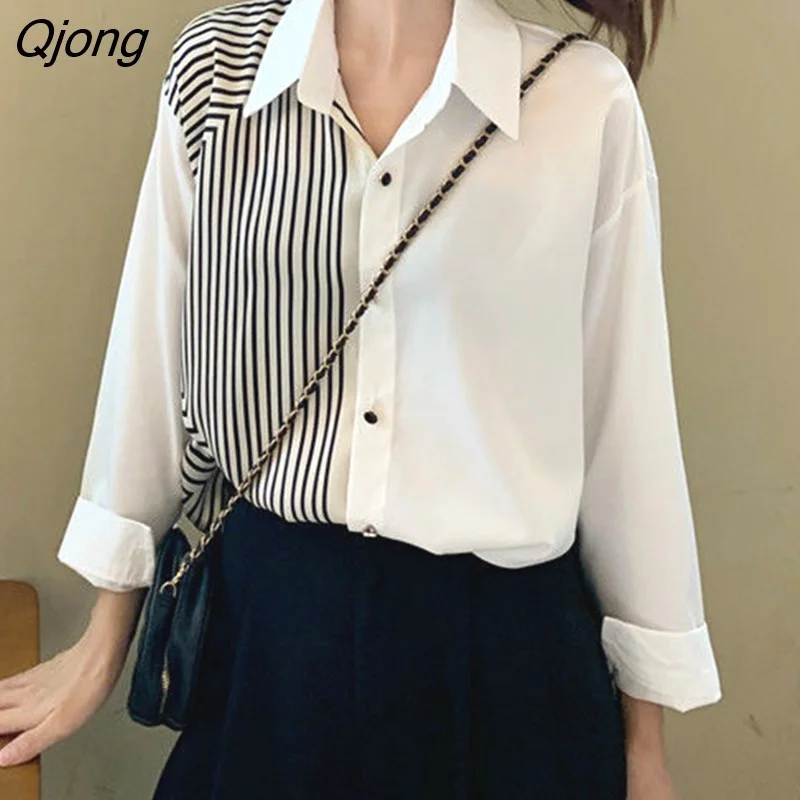 Qjong Office Lady Women Blouses 2022 Contrasting Colors Striped Print Turn-down Collar Loose Long Sleeve Medium and Long Shirt