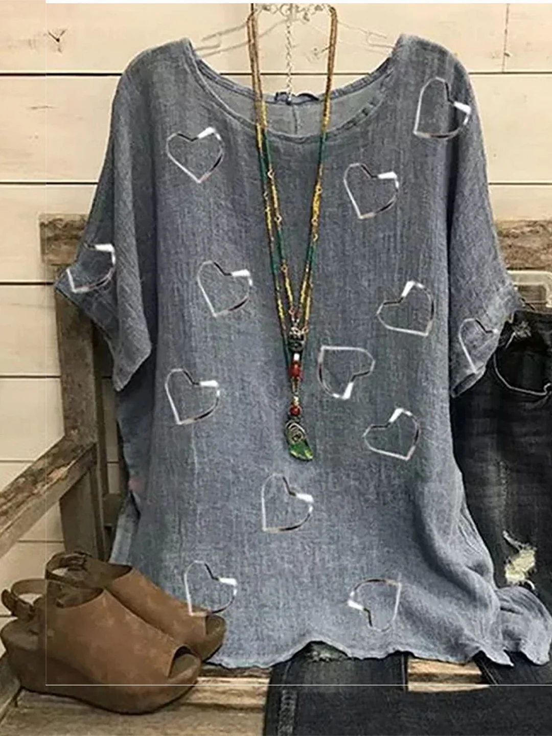 Heart Patterned Casual Style Round Neck Tops