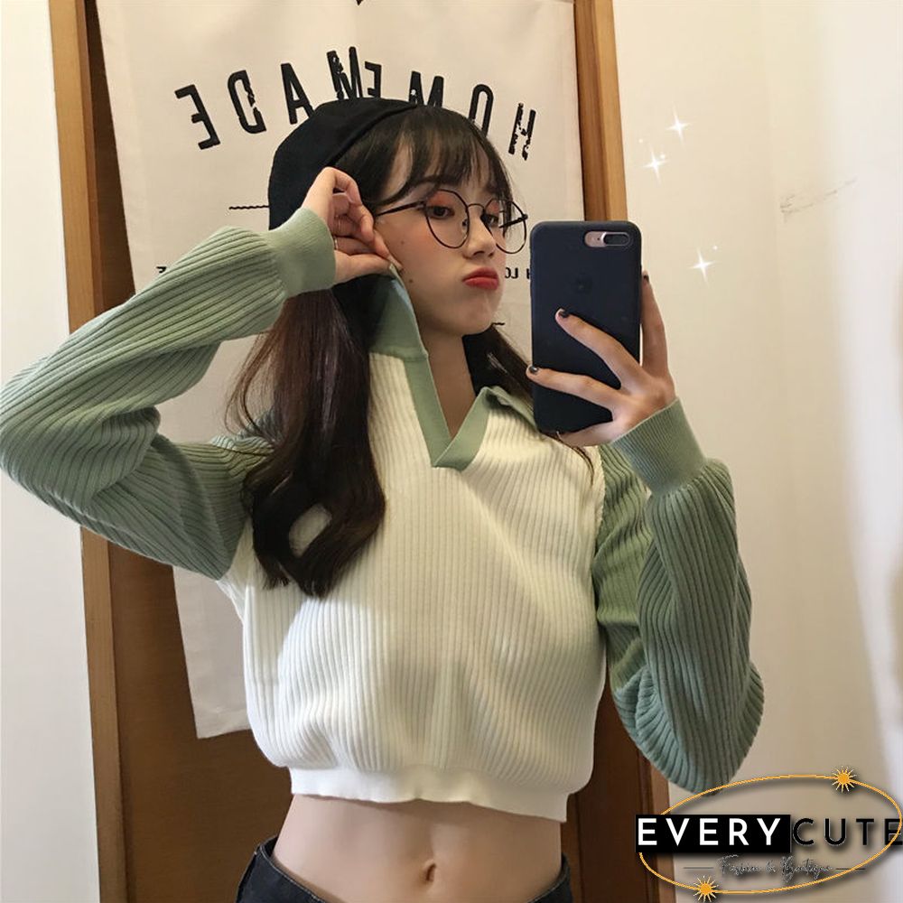 Turn-Down Collar Long Sleeve T-Shirts Women Patchwork Trendy Korean Style Streetwear Outwear Knitted Loose Chic Vintage Stretchy
