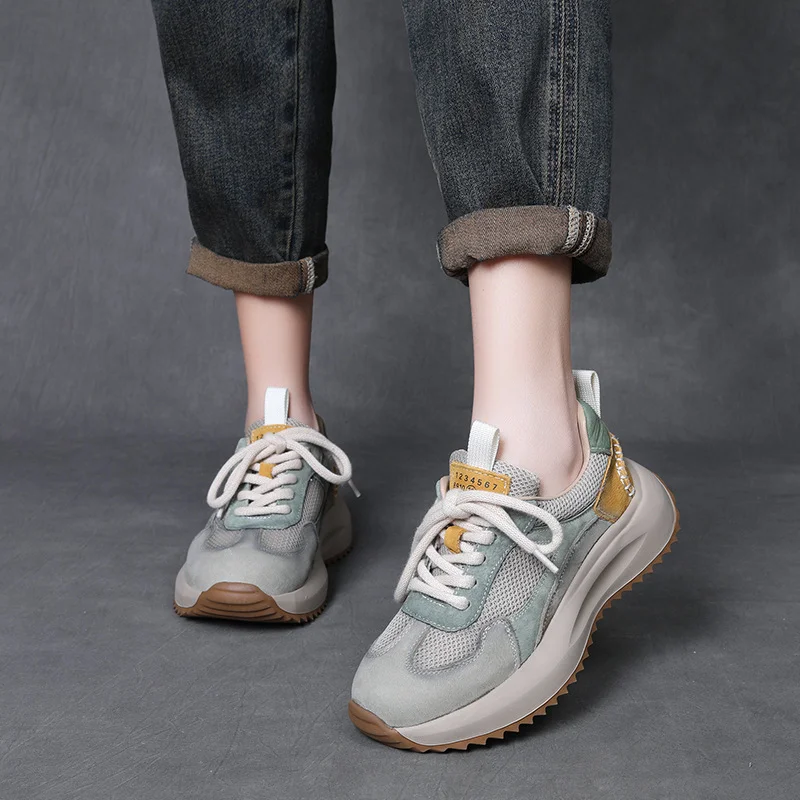 Yyvonne Leather Thick-Soled Fork Forrest Shoes Women's Spring And Autumn New Comfortable Old Dad Shoes Net Breathable Sports Casual Shoes