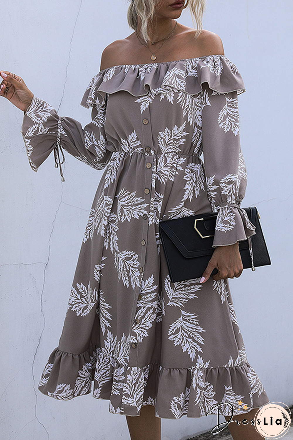 Elegant Floral Buckle Flounce Off The Shoulder Waist Skirt Dresses