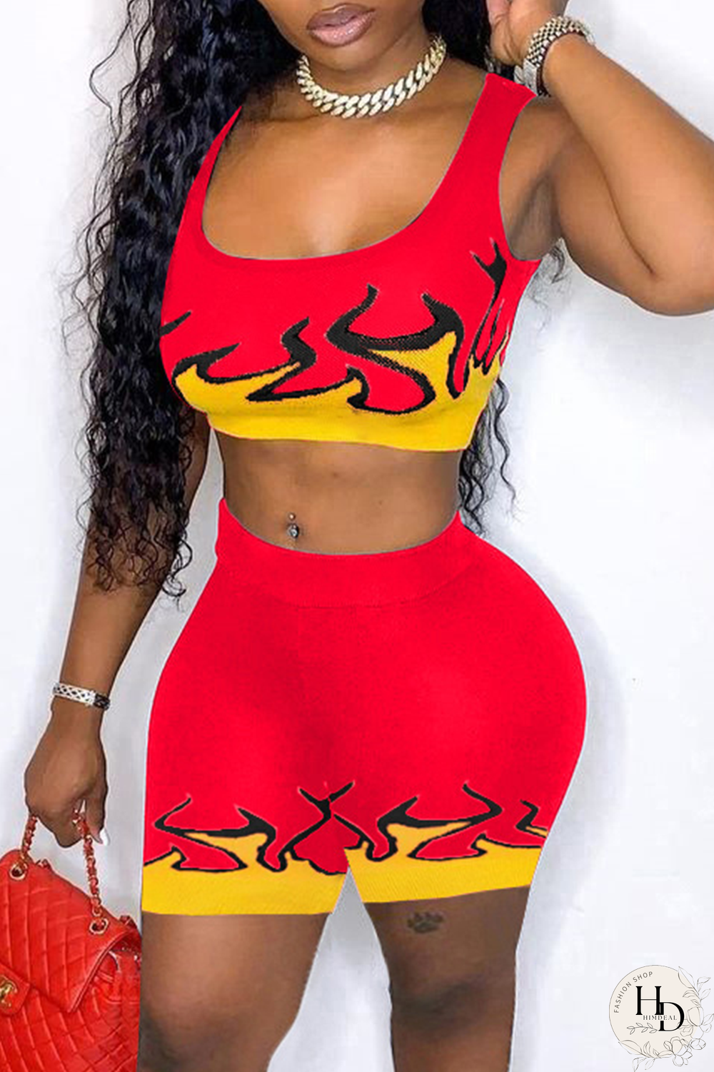 Red Sexy Print Split Joint Square Collar Sleeveless Two Pieces