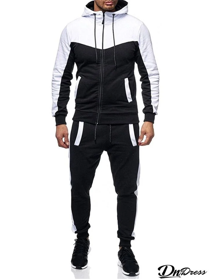 Classic Leisure Contrast Color Men's Hooded Two Pieces Set