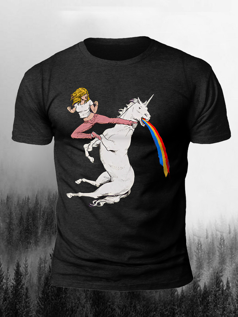 Men’s woman kicking rainbow unicorns t-shirt in  mildstyles