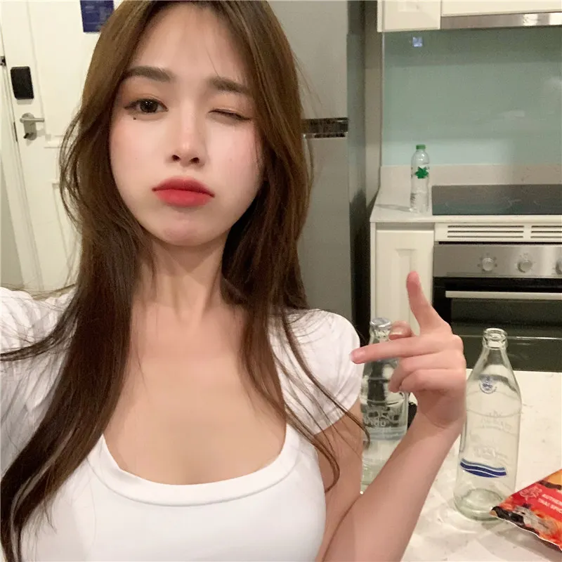 Brownm Brownm Sexy Crop T-Shirt Women's Top Women's Wear Summer 2024 New Korean Version Slim Short Sleeve U-Neck Bottom Shirt Tide