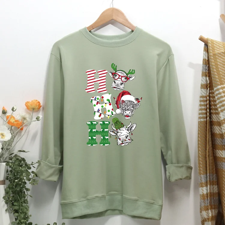 Ho Ho Ho Farm Cow Christmas Women Casual Sweatshirt-Annaletters