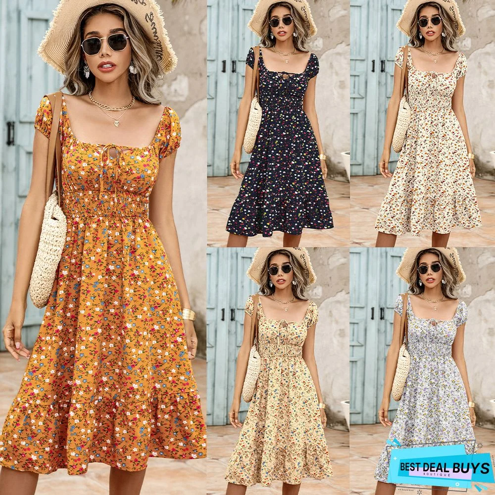 Square Neck Ruffle Trim Lace Up Short Sleeve Dress