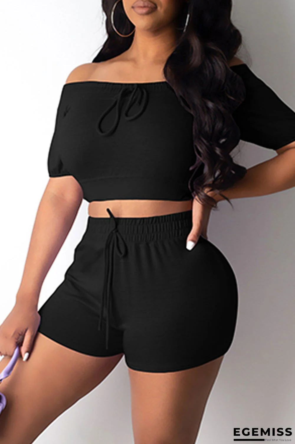 Black Fashion Casual Solid Basic Off the Shoulder Short Sleeve Two Pieces | EGEMISS