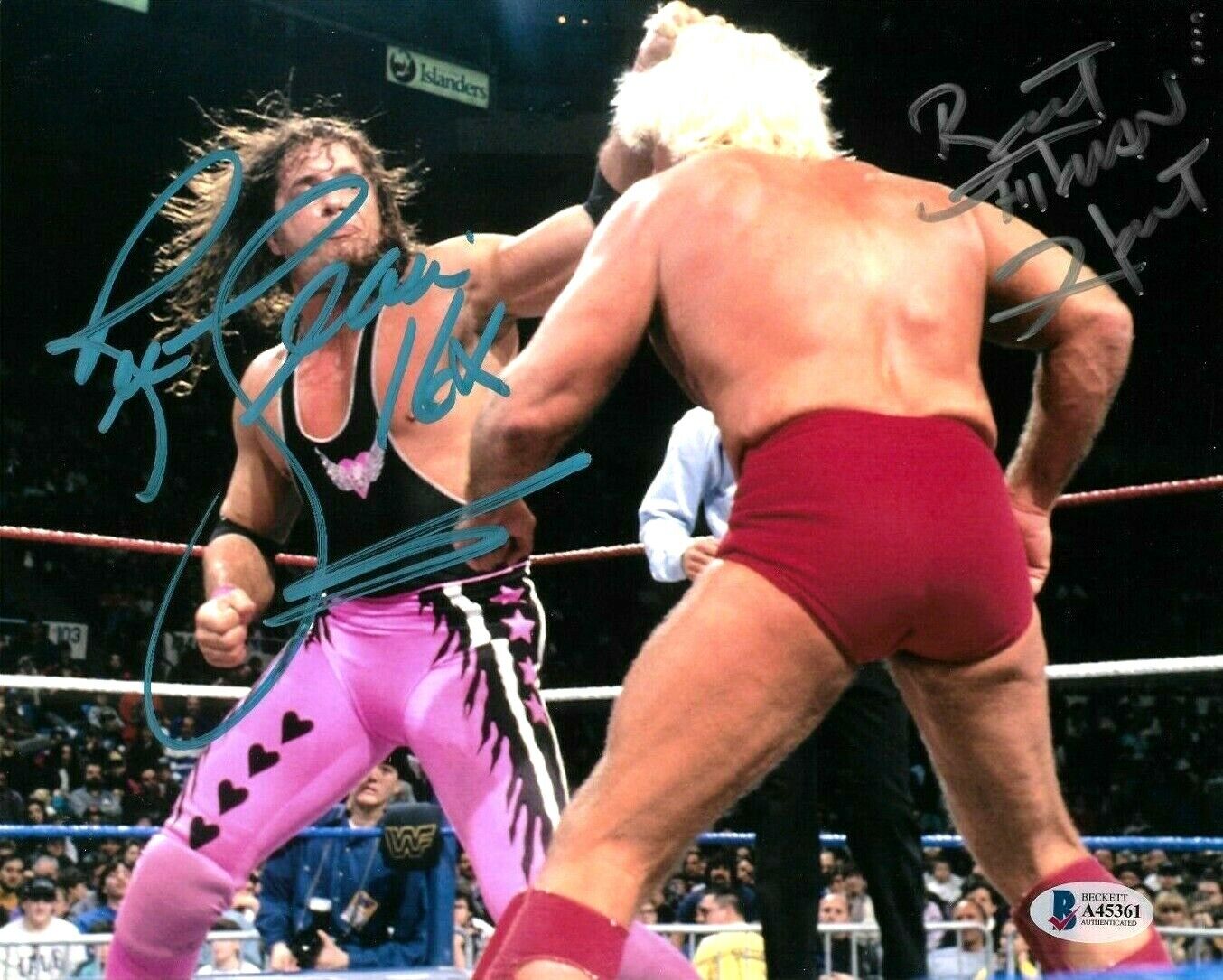 WWE RIC FLAIR AND BRET HART HAND SIGNED 8X10 Photo Poster painting WITH BECKETT LOA RARE 1