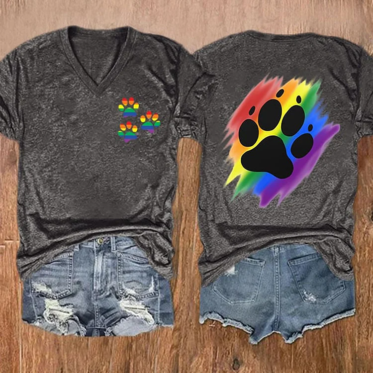 Rainbow Dog Paw Print Casual T-Shirt