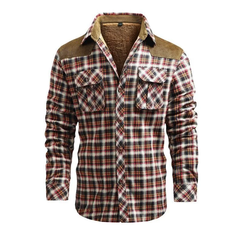 Men's Plaid Fleece Warm Jacket Coat Thick Heavy Plaid Coat Stand Collar