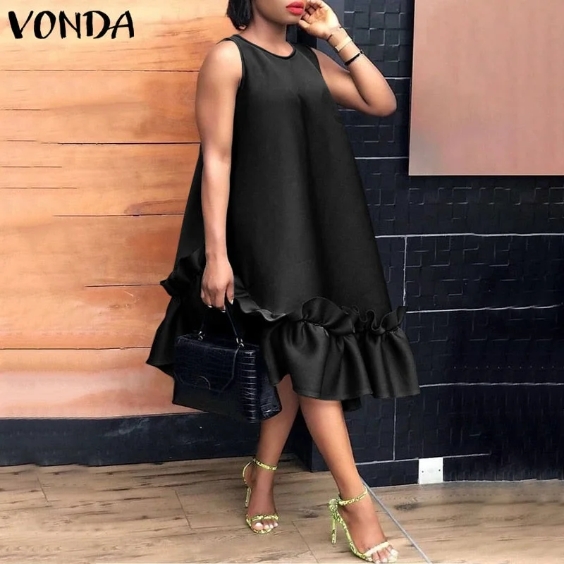 VONDA Summer Bohemian Dress Vintage Solid Maxi Long Dress Party Sundress 2022 VONDA Casual Vestidos Femme Loose Robe